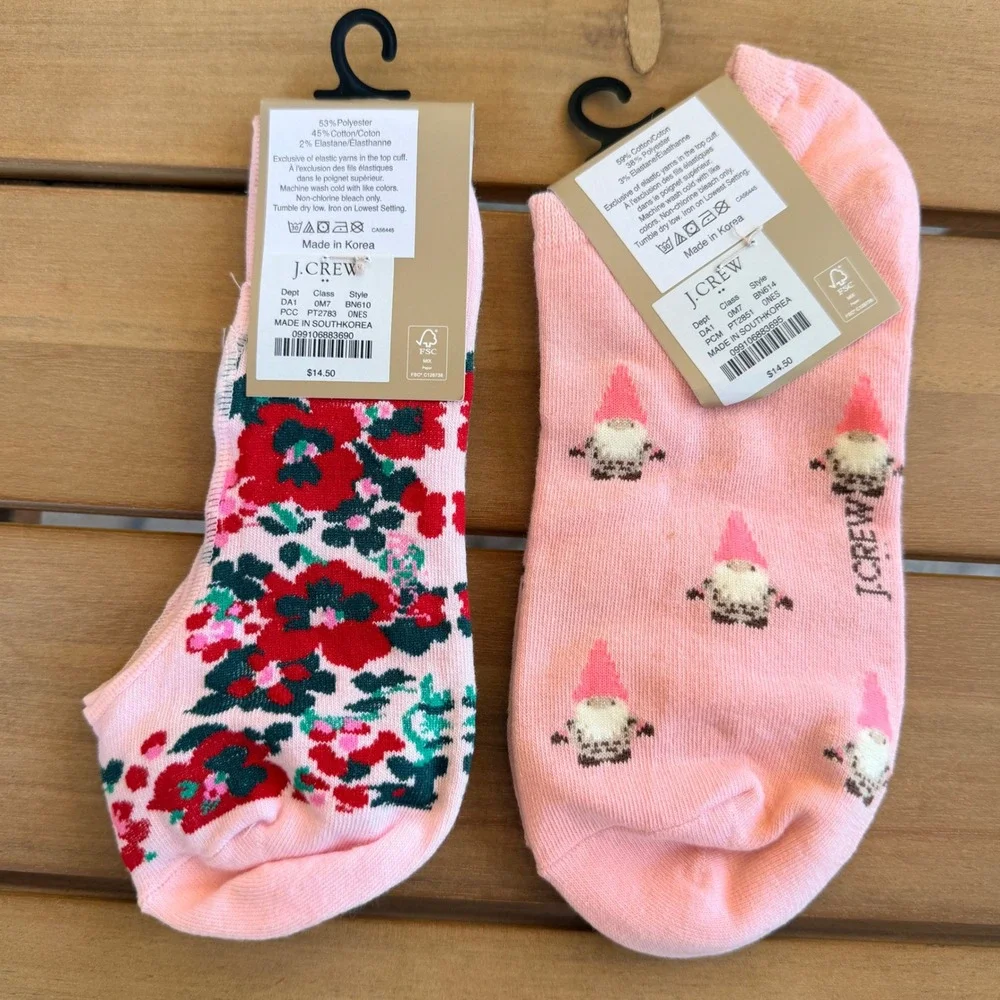 J.Crew Womens Sock Set 2 Pair Pink Floral No-Show & Gnome Ankle‎ Socks One Size